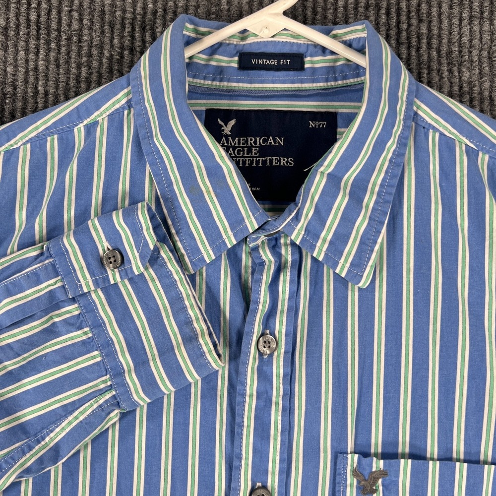 American Eagle Shirt Mens Large Blue Striped Long Sleeve Button Up Vintage Fit *